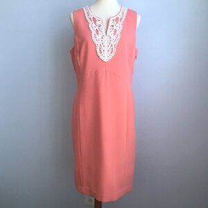 Sharagano Noir Peach Salmon Crochet Lace Collar Sheath Crepe Suit Dress 12